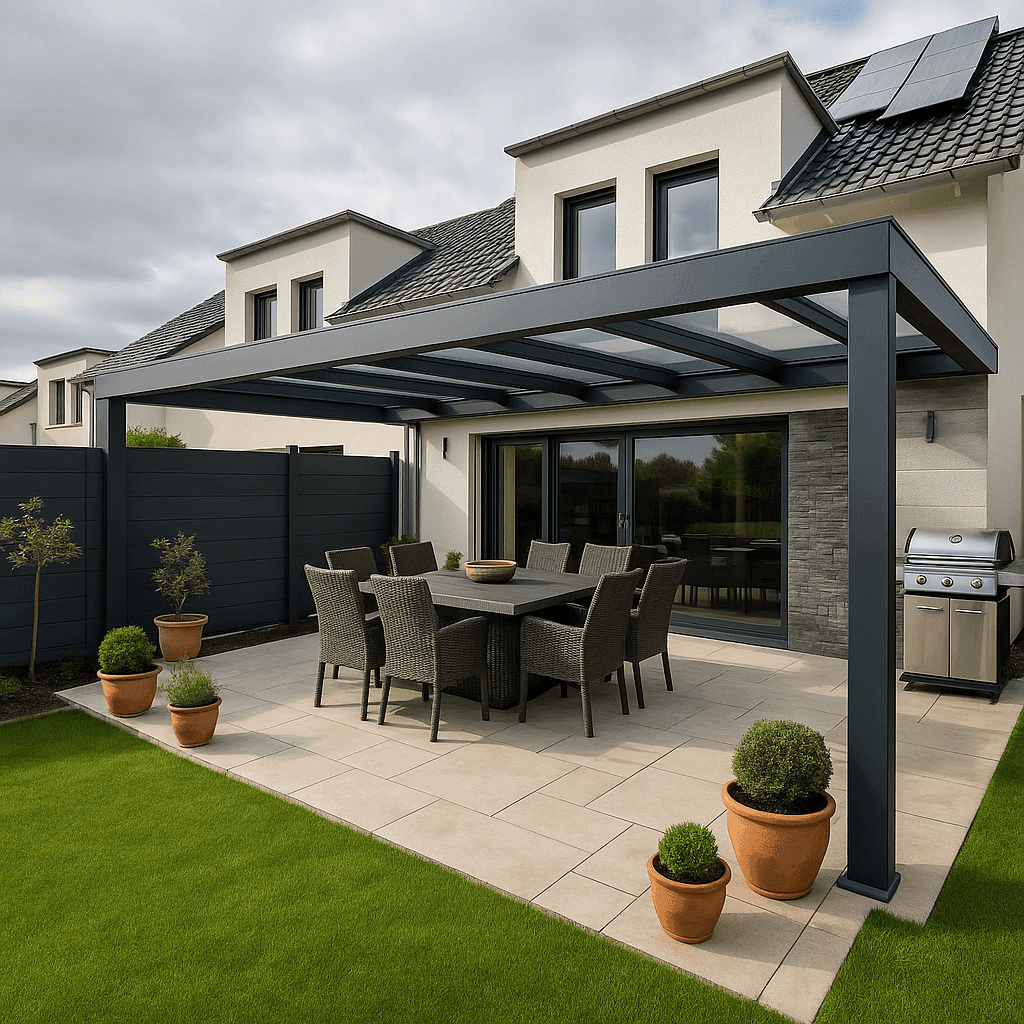 moderne Terrassenüberdachung aus Aluminium für Frühling 2025